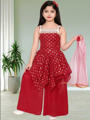 FMSE Girls Festive & Party Kurta, Pyjama & Dupatta Set(Red Pack of 1)