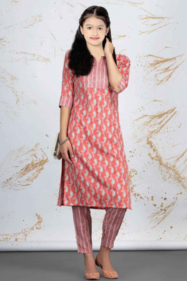 Heerkart Girls Festive & Party Kurta and Pyjama Set(Orange Pack of 1)