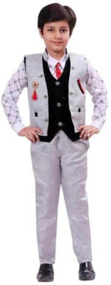 Fashionhub Boys Festive & Party Shirt, Waistcoat and Pant Set(Grey Pack of 1)