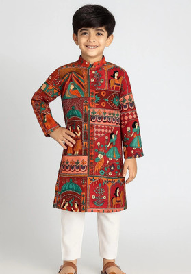 LABELZERO Boys Wedding Kurta and Pyjama Set(Red Pack of 1)
