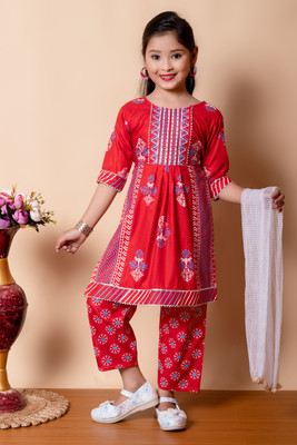 MPRIMEFASHION Girls Festive & Party Kurta and Pyjama Set(Red Pack of 1)