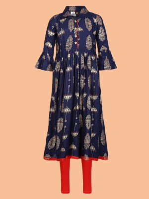 Aarika Girls Festive & Party Kurta and Leggings Set(Dark Blue Pack of 1)