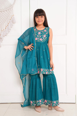 Curly Tales Girls Festive & Party Kurta and Sharara Set(Blue Pack of 1)