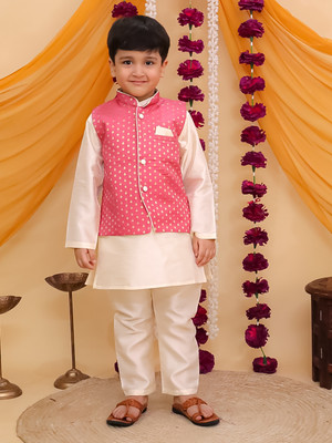 AJ Dezines Boys Festive & Party Kurta, Waistcoat and Breeches Set(Pink Pack of 1)