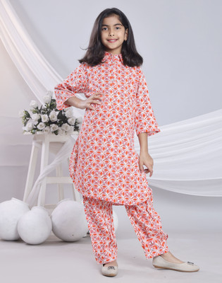 Kidaroo Girls Festive & Party Kurta and Pyjama Set(Orange Pack of 2)