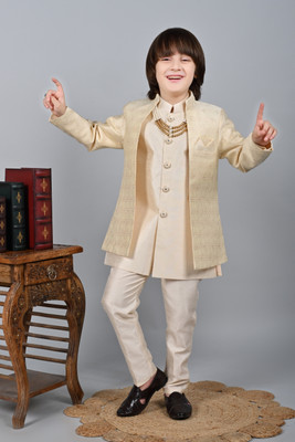 AHHAAAA Boys Festive & Party Kurta, Waistcoat and Breeches Set(Beige Pack of 1)