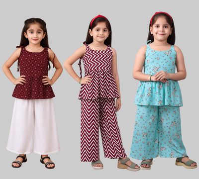 pj fashion Girls Festive & Party Kurta and Palazzo Set(Red Pack of 3)