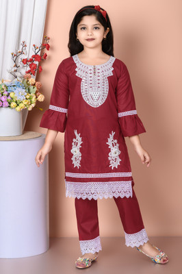 5 Stars Collection Girls Festive & Party Kurta and Pyjama Set(Maroon Pack of 1)