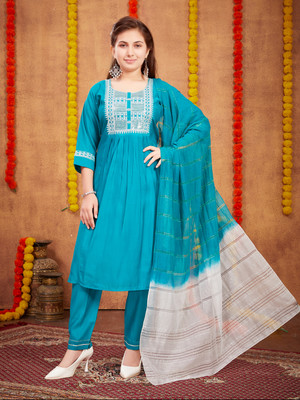 MUHURATAM Girls Festive & Party Kurta and Pyjama Set(Light Blue Pack of 1)