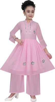 TryZone Girls Festive & Party Kurta and Palazzo Set(Pink Pack of 1)