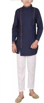 ATLY Boys Festive & Party Kurta and Pyjama Set(Dark Blue Pack of 1)