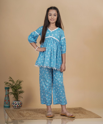 JustShe Girls Festive & Party Kurta and Pyjama Set(Light Blue Pack of 1)