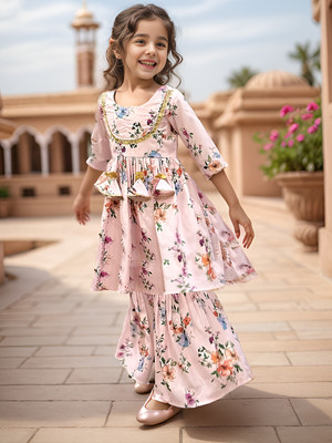 A.T.U.N. Girls Festive & Party Kurta and Trouser Set(White Pack of 2)
