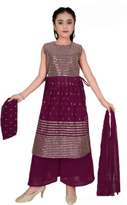 CLOTH ADDA Girls Festive & Party Kurta, Pyjama & Dupatta Set(Maroon Pack of 1)