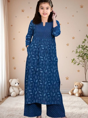 Heerkart Girls Casual Dupatta and Pyjama Set(Blue Pack of 1)