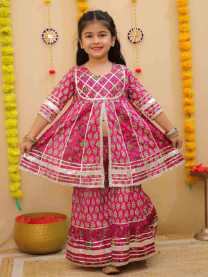 little ginnie Girls Festive & Party Angarkha and Sharara Set(Red Pack of 1)