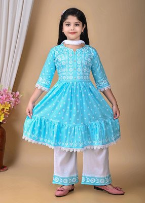 RIVAA FASHION Girls Festive & Party Kurta and Palazzo Set(Light Blue Pack of 1)