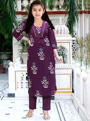 SATVASHIV Girls Festive & Party, Casual Kurta and Pyjama Set(Purple Pack of 1)