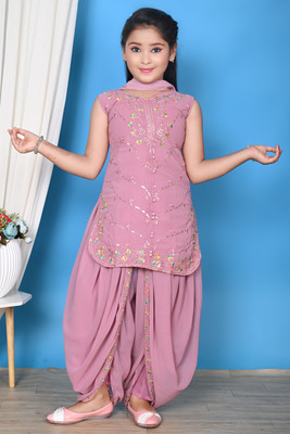 PADOSIBABU Girls Festive & Party Kurta, Dhoti Pant & Dupatta Set(Pink Pack of 1)