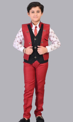 S K S T Boys Party(Festive) Waistcoat Pant, Shirt(Maroon)