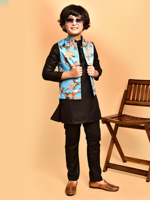 PRINTCULTR Boys Festive & Party Kurta, Waistcoat and Pyjama Set(Black Pack of 3)