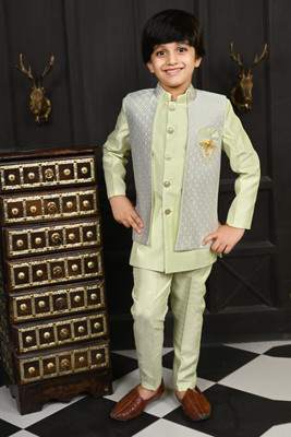AHHAAAA Boys Festive & Party Kurta, Waistcoat and Pyjama Set(Green Pack of 1)