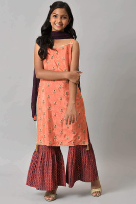Aurelia Girls Casual Kurta and Trouser Set(Orange Pack of 3)