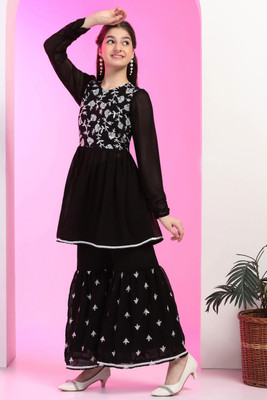 Tasrika Girls Festive & Party Kurta and Palazzo Set(Black Pack of 1)