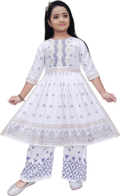 Zenat Girls Festive & Party Kurta and Palazzo Set(White Pack of 1)
