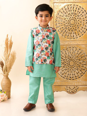 Superminis Boys Festive & Party Kurta, Waistcoat and Pyjama Set(Green Pack of 1)