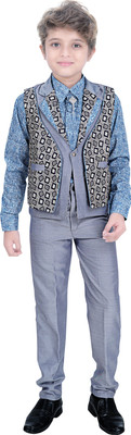 Aceline Boys Festive & Party Shirt, Waistcoat and Pant Set(Blue Pack of 1)