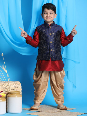 VASTRAMAY Boys Festive & Party Ethnic Jacket, Kurta and Dhoti Pant Set(Maroon Pack of 1)
