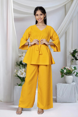 JMCLOTH Girls Casual Kurta and Palazzo Set(Yellow Pack of 1)