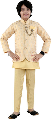 BT DEZINES Boys Festive & Party Kurta, Waistcoat and Pyjama Set(Yellow Pack of 1)