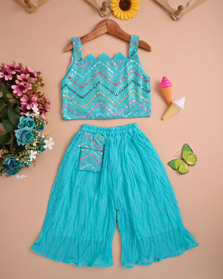 Maheera Fashion Girls Festive & Party Kurta and Pyjama Set(Blue Pack of 1)