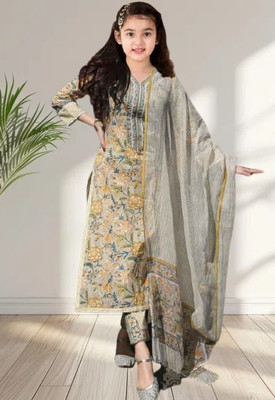 Various Vault Girls Casual Churidar and Dupatta Set(Yellow Pack of 1)