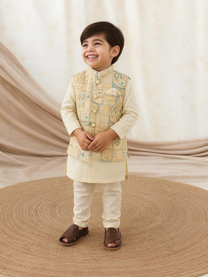 Kidbea Boys Festive & Party Kurta and Pyjama Set(Beige Pack of 1)