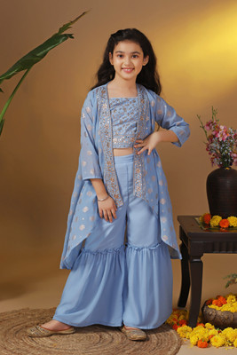 Fashion Dream Girls Festive & Party Ethnic Jacket, Blouse and Palazzo Set(Light Blue Pack of 1)