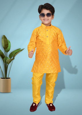 Bright Garments Dresses Boys Festive & Party Kurta and Pyjama Set(Yellow Pack of 1)