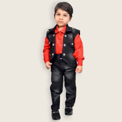 TAPODHANI Boys Festive & Party Shirt, Waistcoat and Pant Set(Red Pack of 1)