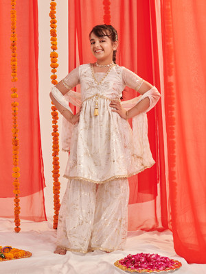 Pspeaches Girls Festive & Party Kurta, Pyjama & Dupatta Set(White Pack of 1)