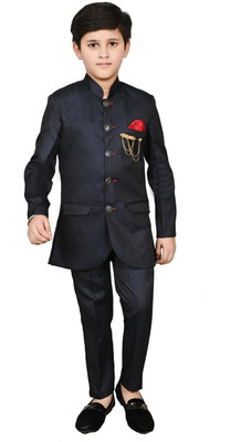 Qtsy Boys Festive & Party Blazer and Pant Set(Black Pack of 1)