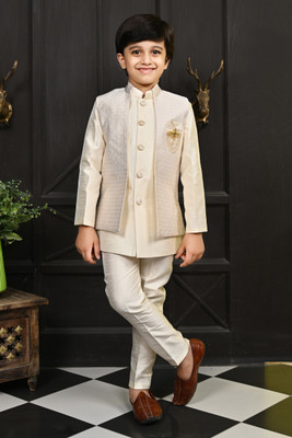AHHAAAA Boys Festive & Party Kurta, Waistcoat and Pyjama Set(Beige Pack of 1)