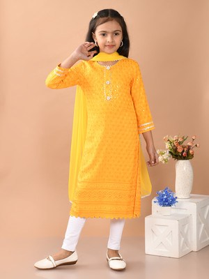 H L Garments Girls Casual Kurta and Trouser Set(Yellow Pack of 3)