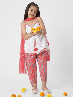 NautiNati Girls Festive & Party Kurta, Dhoti Pant & Dupatta Set(White Pack of 1)