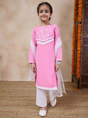 Pspeaches Girls Festive & Party Kurta, Pyjama & Dupatta Set(Pink Pack of 1)