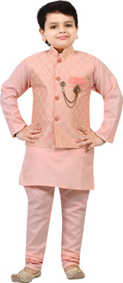 BT DEZINES Boys Festive & Party Kurta, Waistcoat and Pyjama Set(Pink Pack of 1)
