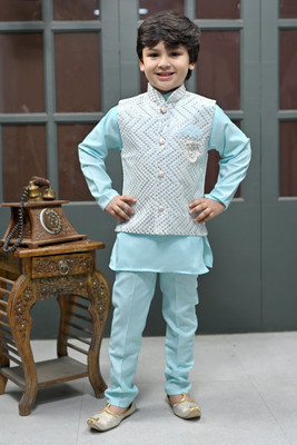 BT DEZINES Boys Festive & Party, Wedding Kurta, Waistcoat and Pyjama Set(Blue Pack of 1)