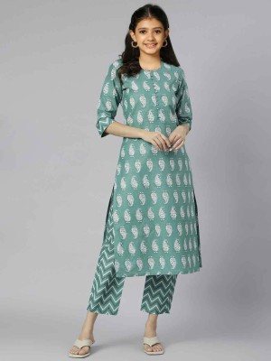 Vetrokart Girls Festive & Party, Wedding Kurta and Trouser Set(Green Pack of 1)