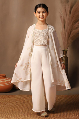Sangria Girls Festive & Party Ethnic Jacket, Blouse and Palazzo Set(White Pack of 1)